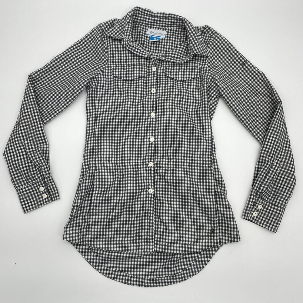 COLUMBIA Tunic Grey Check Long Sleeve Button Up Shirt With Pockets Women's Sz XS